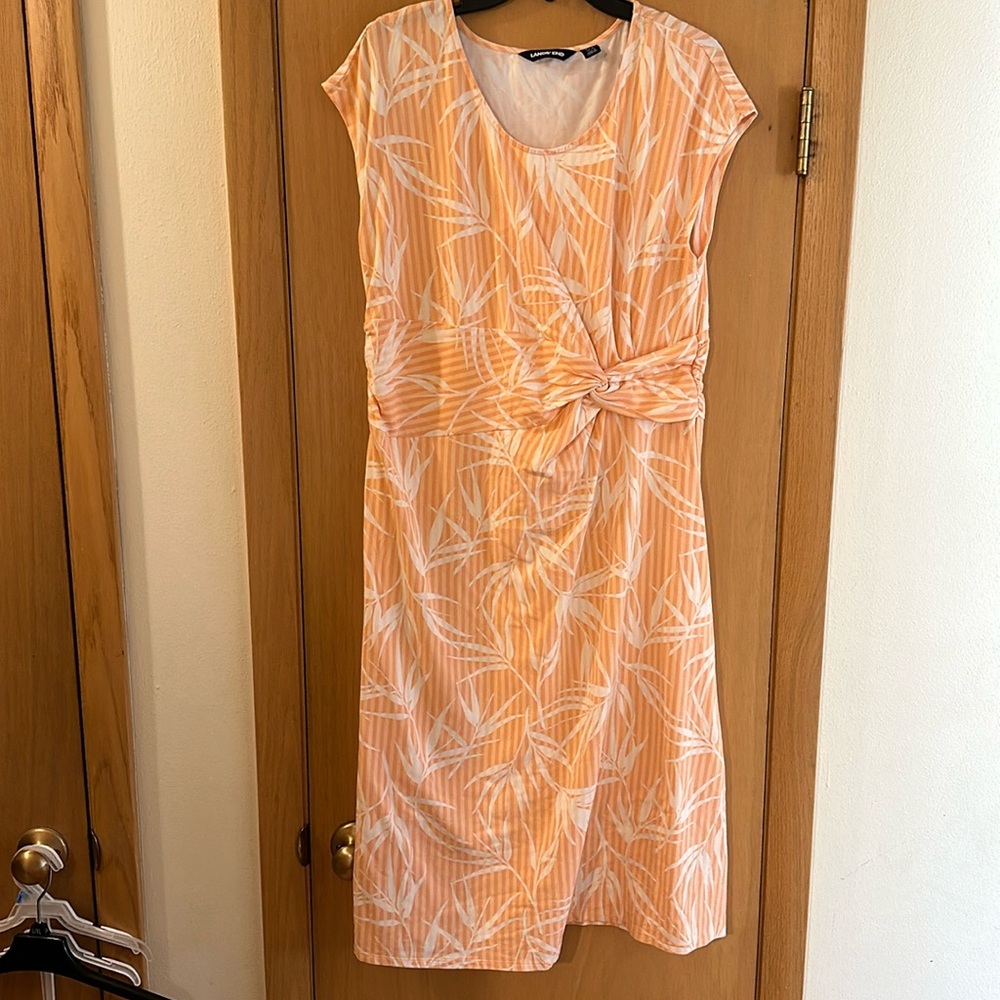 Lands End Women’s Floral Fern Print Midi Dress Stretch Peach Size LT Large Tall